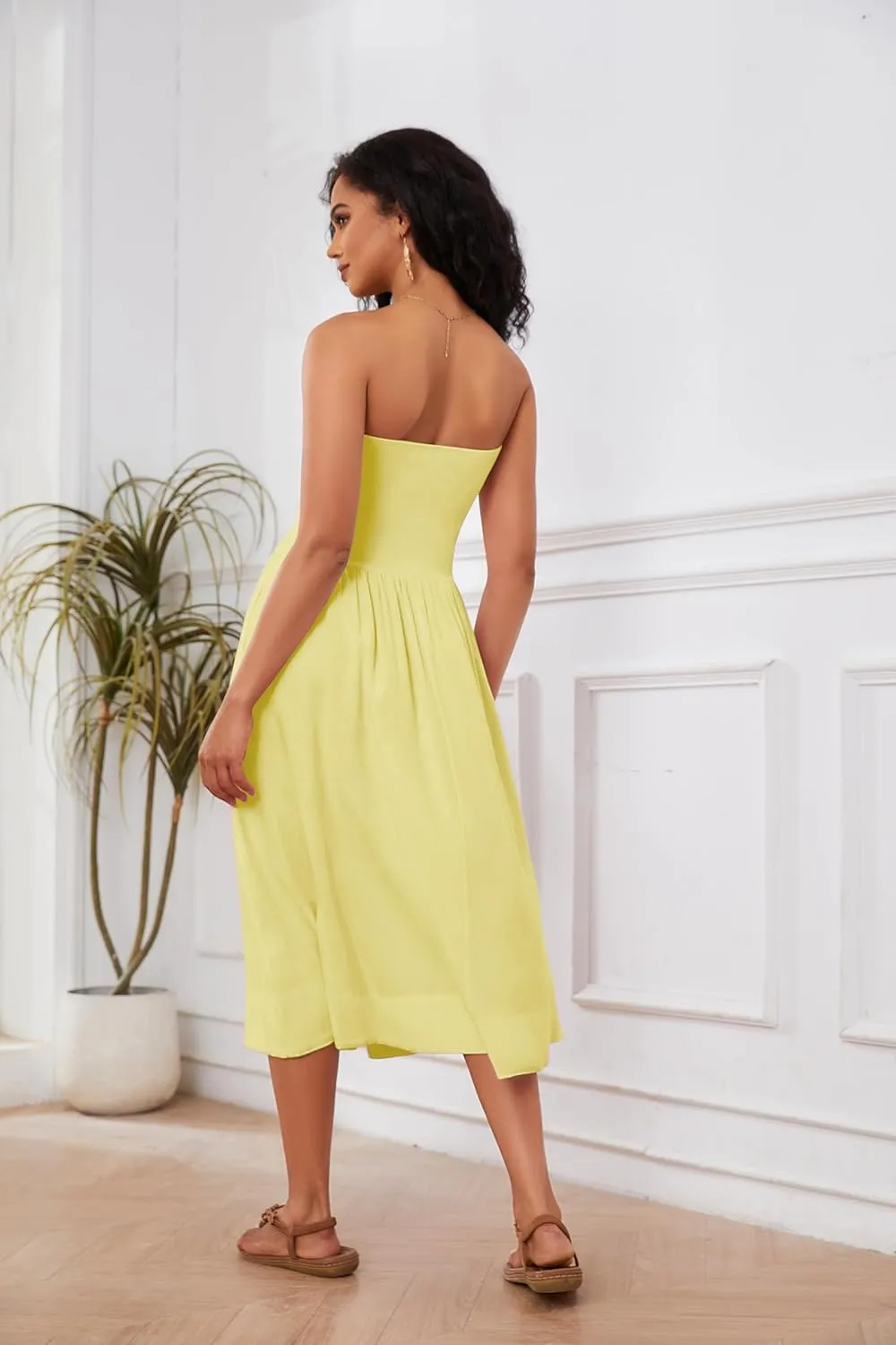 Ythomm Women Strapless Maxi Dress Casual Patchwork Pleated Backless Flowy Long Dress Summer Solid Tube Dresses with Pocket